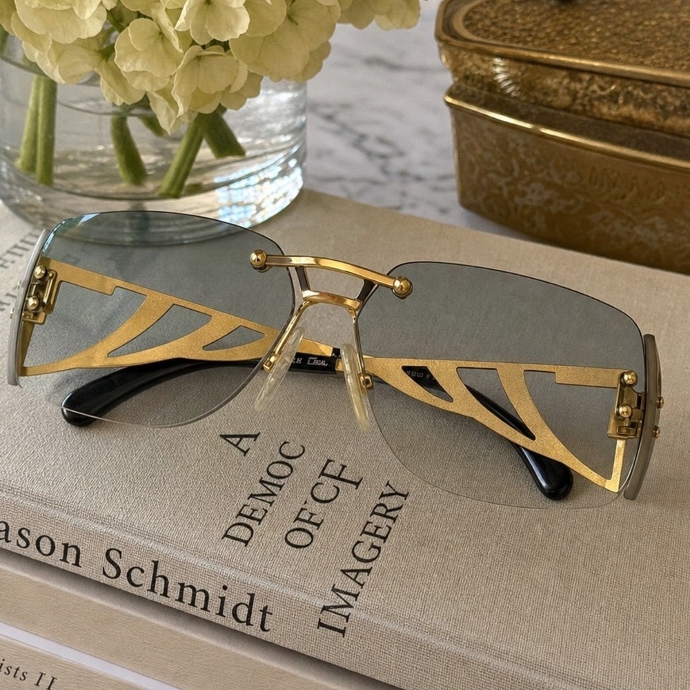 Cazal Mod 926 Rimless Sunglasses Gold Gray Lens Rhinestone Germany Designer - Picture 2 of 12